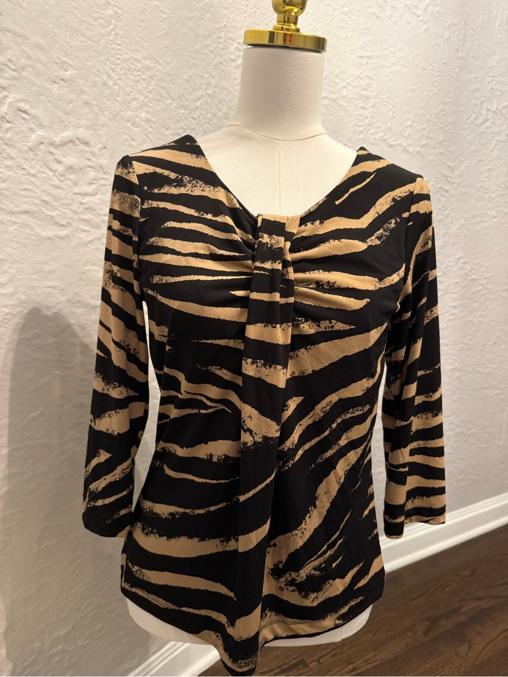 Chico's Black and Tan Zebra-Print Twist-Front Long-Sleeve Dress